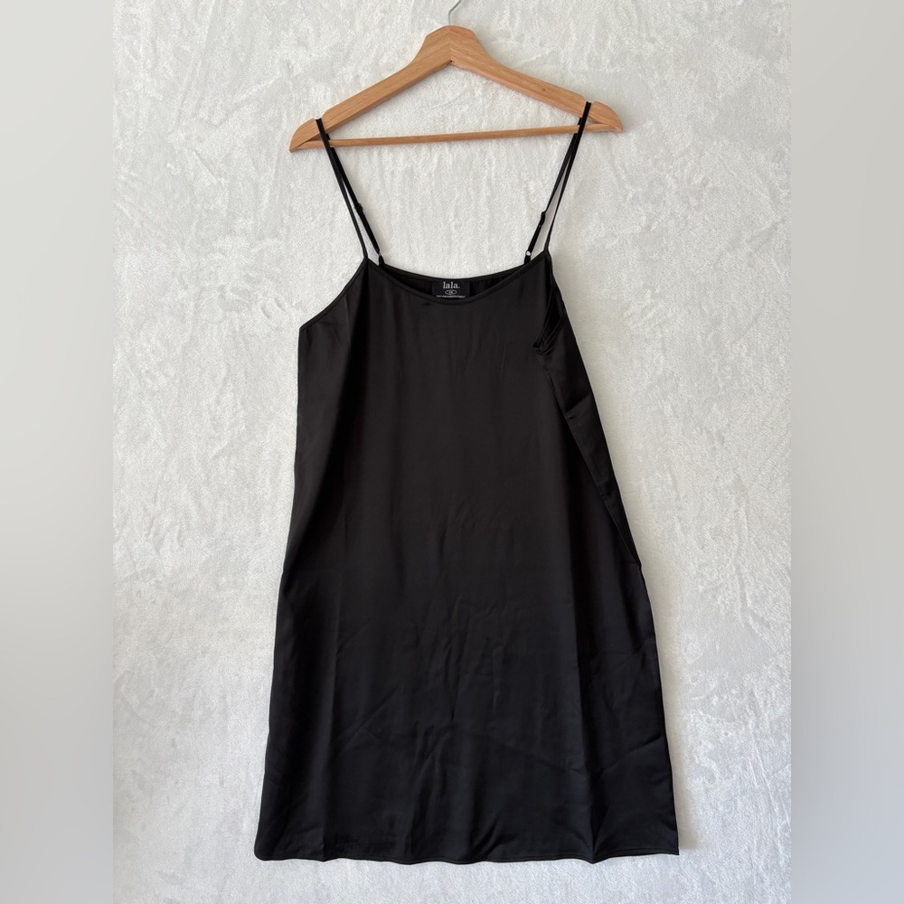Dressed in LALA women black satin slip lightweight mini dress size small/ medium